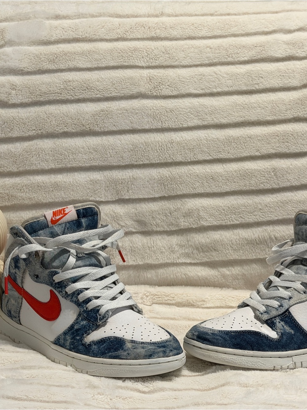 Nike Kids High-Top Sneakers in Denim Blue, White & Red Swoosh